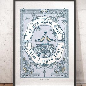 Irish language Valentine's love print art with love birds