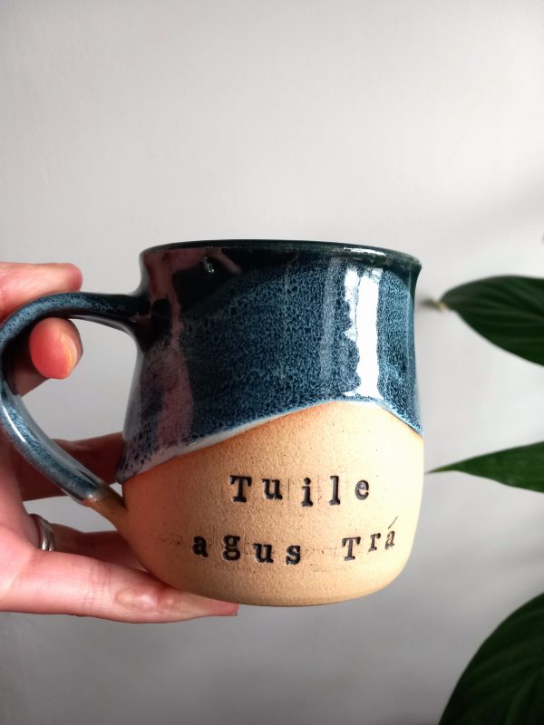 Irish blue ceramic mug - "Tuile agus Trá"